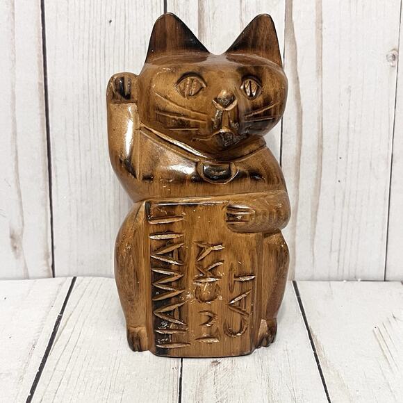Hawaii Lucky Neko Cat Wood Carved 6" Figurine - Picture 1 of 8